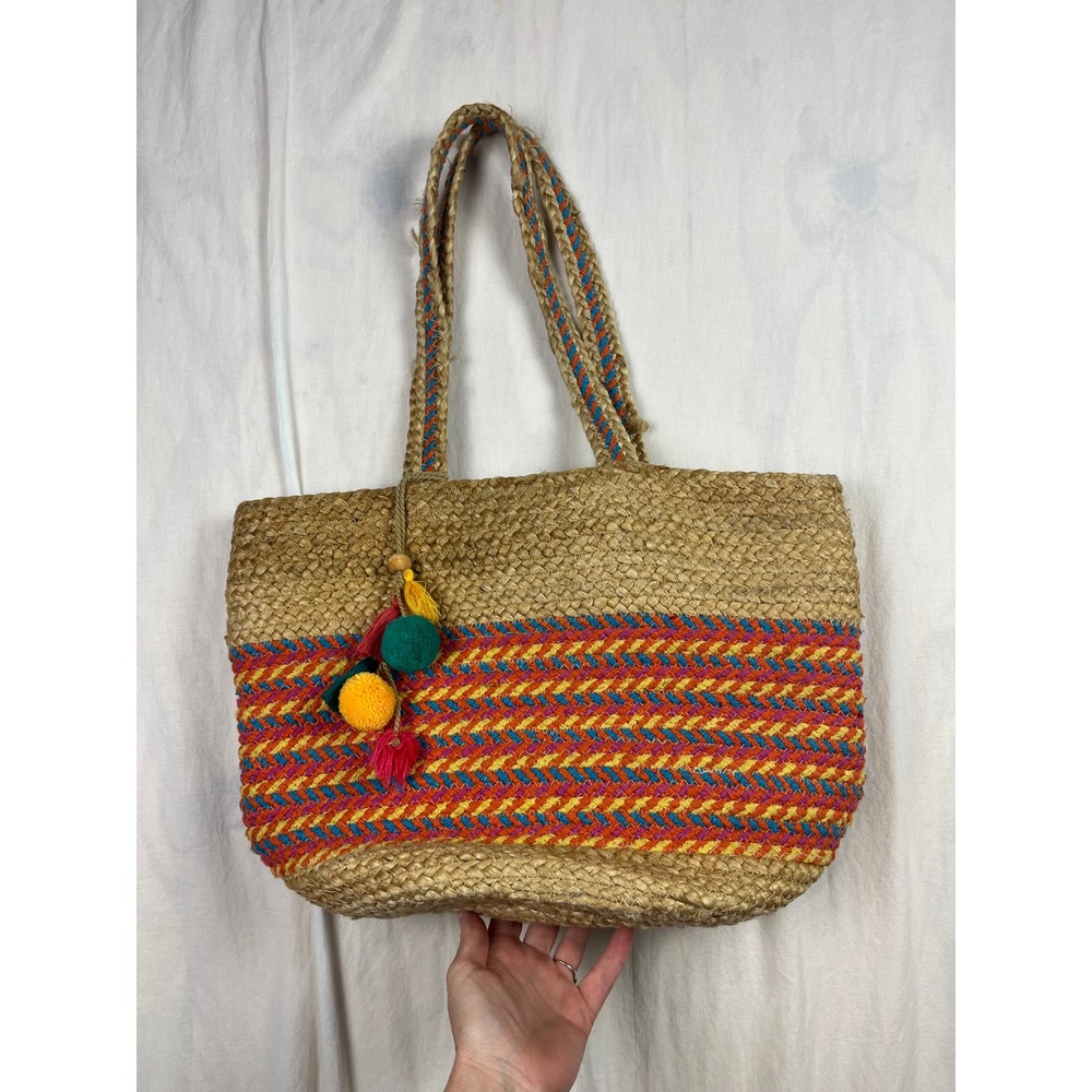Boho Woven Straw Tote‎ Bag Multi-Color Chevron Tassel Beach Shoulder Bag Large